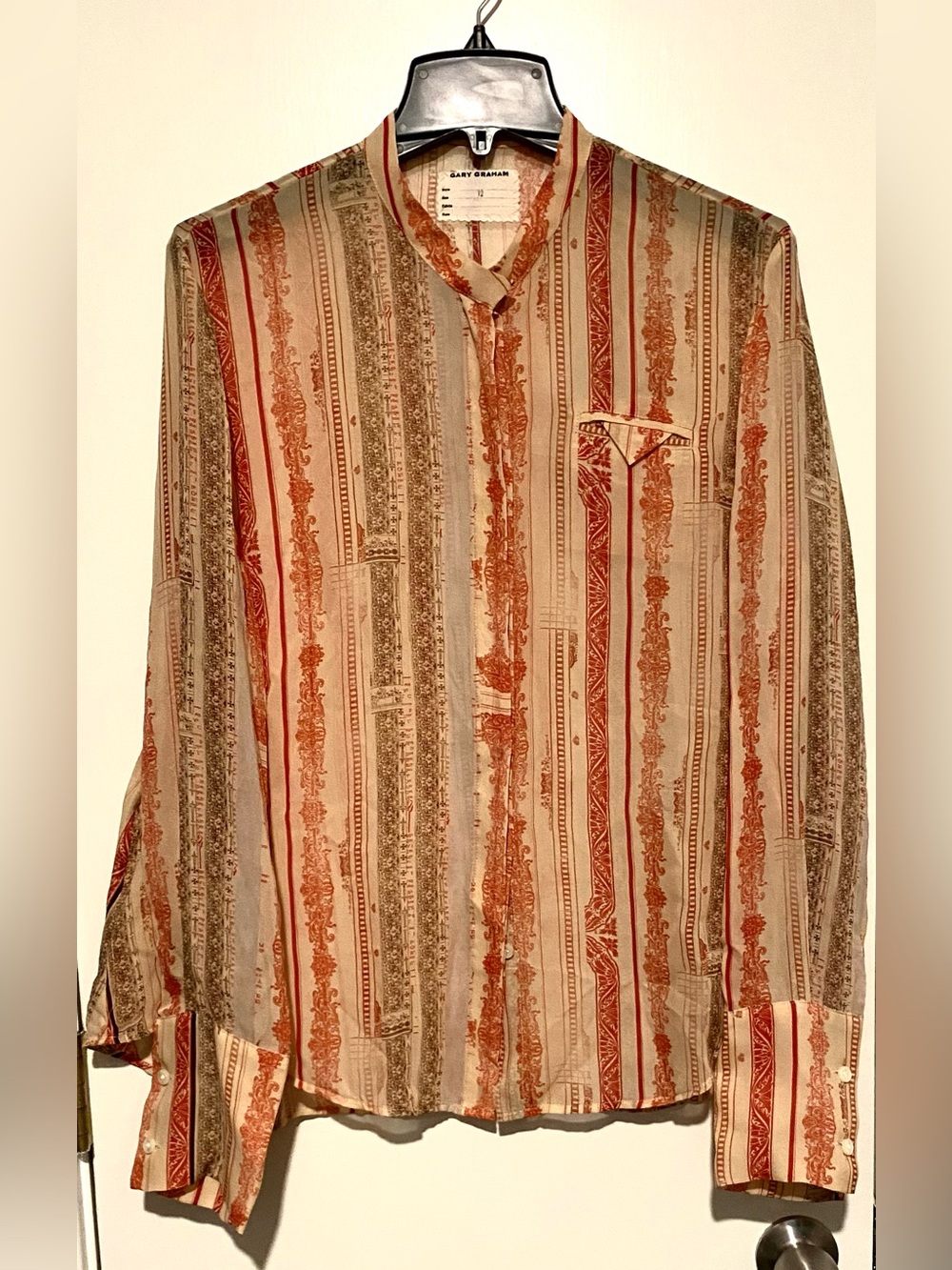 Gary Graham Boho Striped Blouse in Cream,Rust, Green Sheer Silk 12